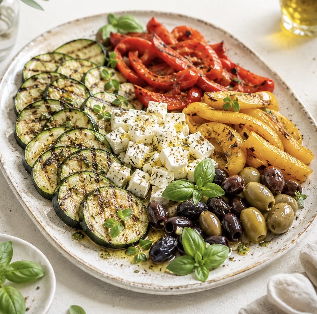 Antipasti-Teller mit gegrilltem Gemüse, Feta und Oliven